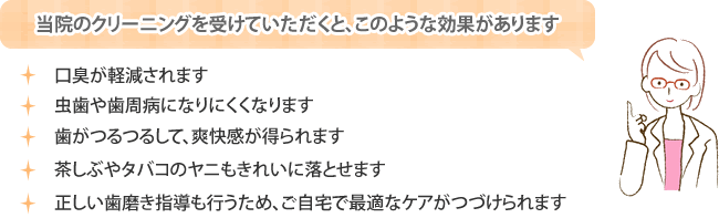 当院のクリーニングを受けていただくと、このような効果があります「口臭が軽減されます」「虫歯や歯周病になりにくくなります」「歯がつるつるして、爽快感が得られます」「茶しぶやタバコのヤニもきれいに落とせます」「正しい歯磨き指導も行うため、ご自宅で最適なケアがつづけられます」